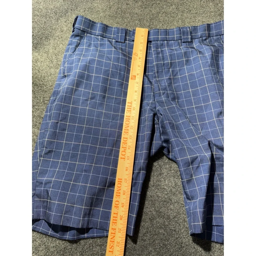 Blue Plaid Golf Shorts Mens 38 Windowpane Check Polyester Flat Front Casual